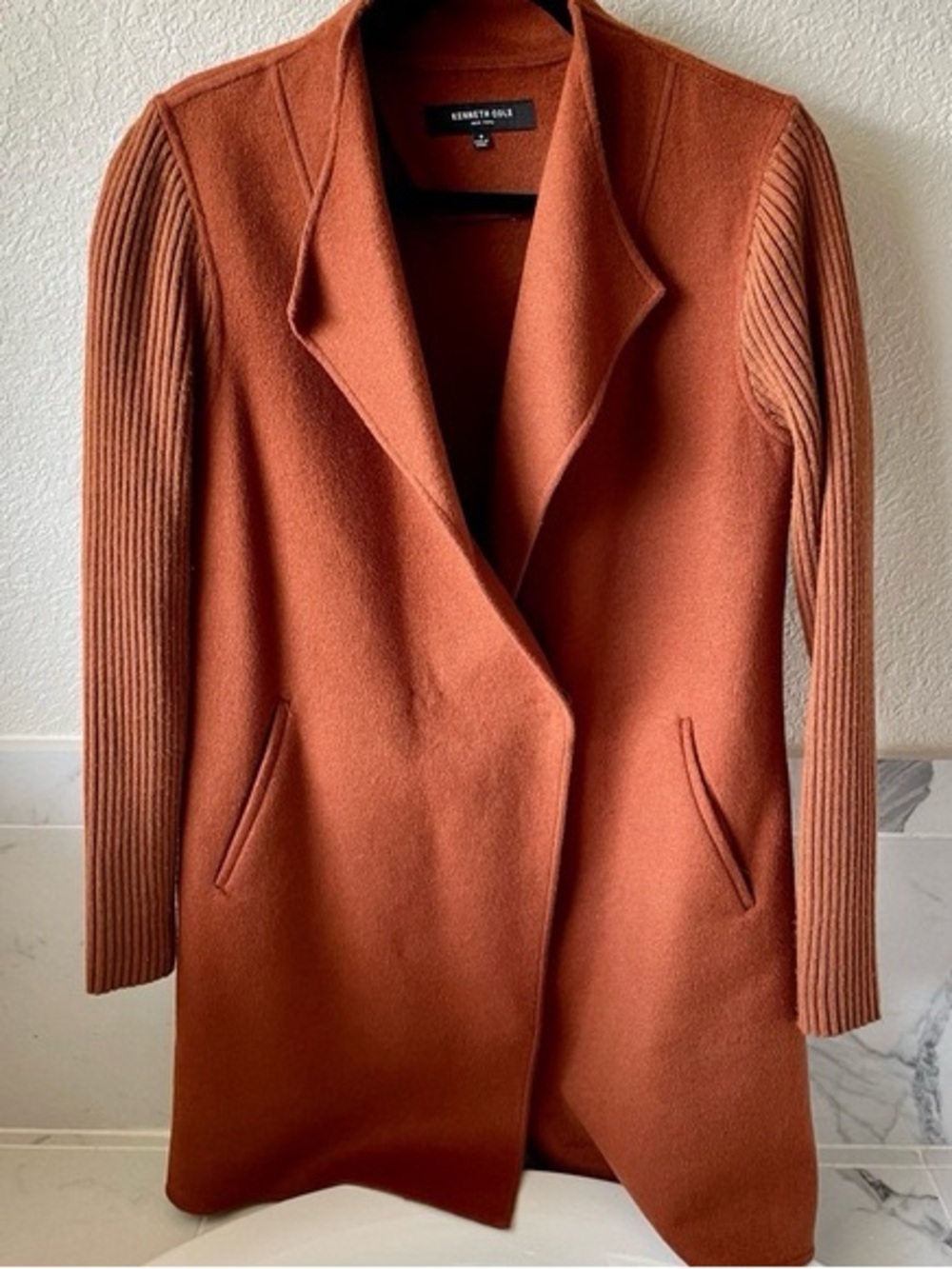 Kenneth Cole New York Knit Sleeve Wool Blend Coat – Nut Brown, Size Large